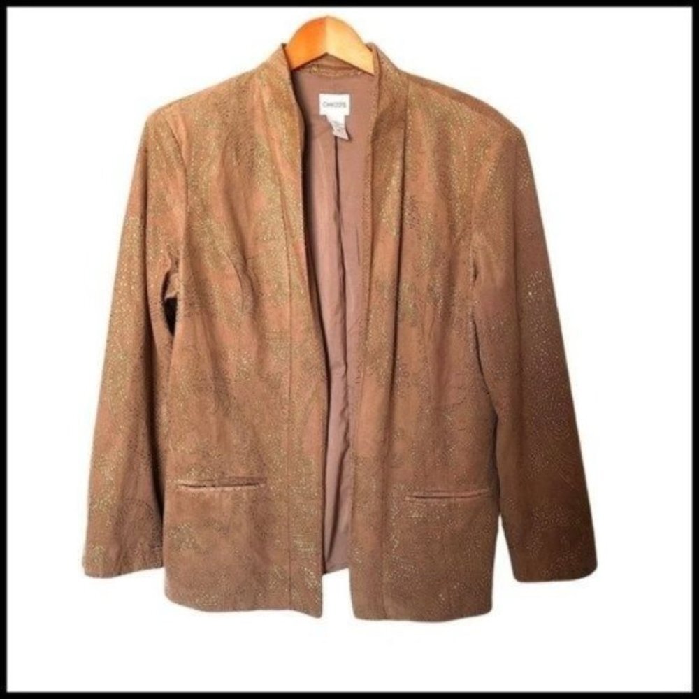 Chico's Faux Suede Tan Jacket Open Front Metallic Gold Color Accents size L Larg